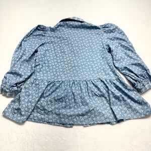 Peony Floral Peplum Blouse Womens Size L Blue Cottagecore Embroidered Top